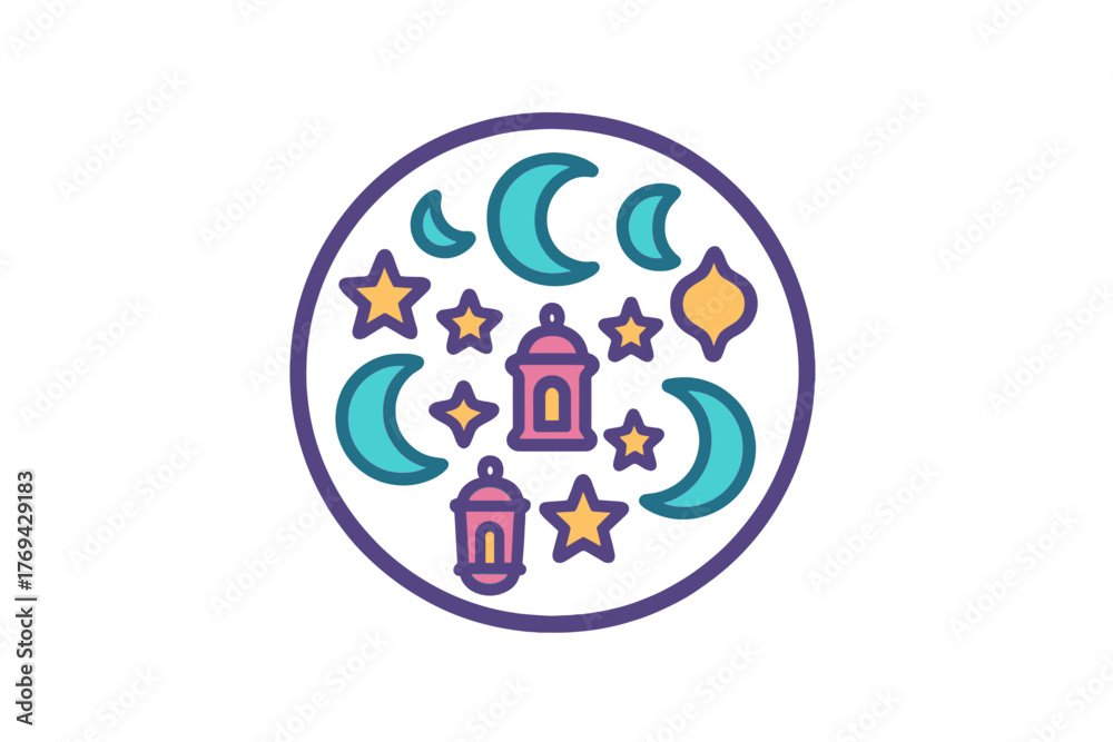 Naklejka premium Colorful arrangement of crescent moons, stars, and traditional Arabic lanterns for holiday celebration