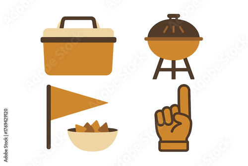 Essential tailgating and sports fan icons including a cooler, grill, pennant flag, and foam finger