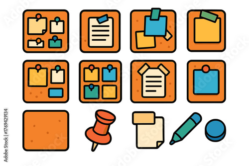 Colorful set of bulletin boards, sticky notes, pushpins, and writing tools for office organization and planning