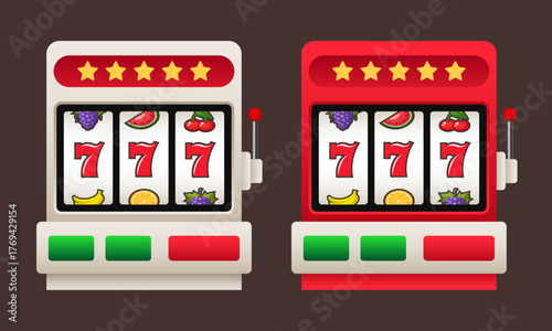Slot machine. Jackpot. Vector 3d clip art isolated on red background.