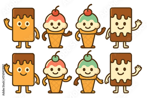 Set of adorable frozen dessert mascots with happy faces and waving hands