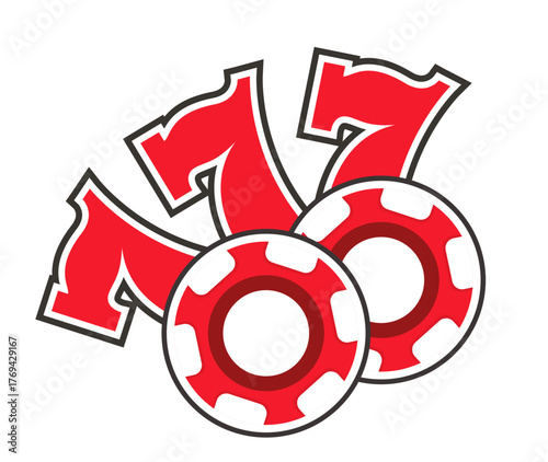 Three sevens and gambling chips. Vector 3d clipart