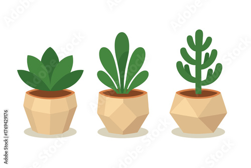 Three stylized indoor potted plants in geometric beige containers on white background