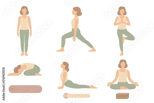 Woman practicing yoga poses and meditation with fitness accessories for wellness