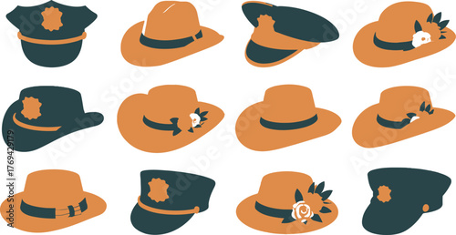 Stylish Hats Pattern Police Caps and Fashionable Women's Hats Illustration on White