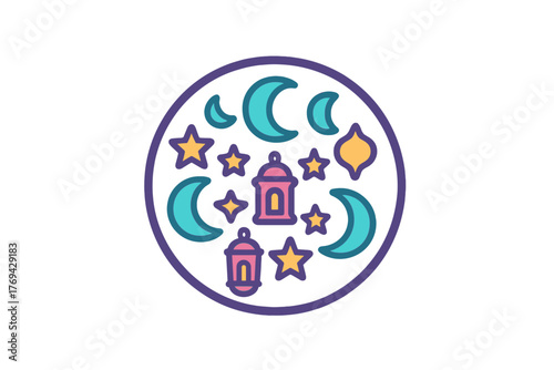 Colorful arrangement of crescent moons, stars, and traditional Arabic lanterns for holiday celebration