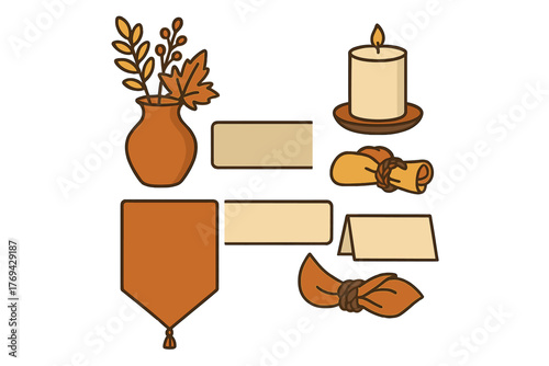 Autumnal table setting elements collection with candle, vase, fall leaves, napkins, and blank cards