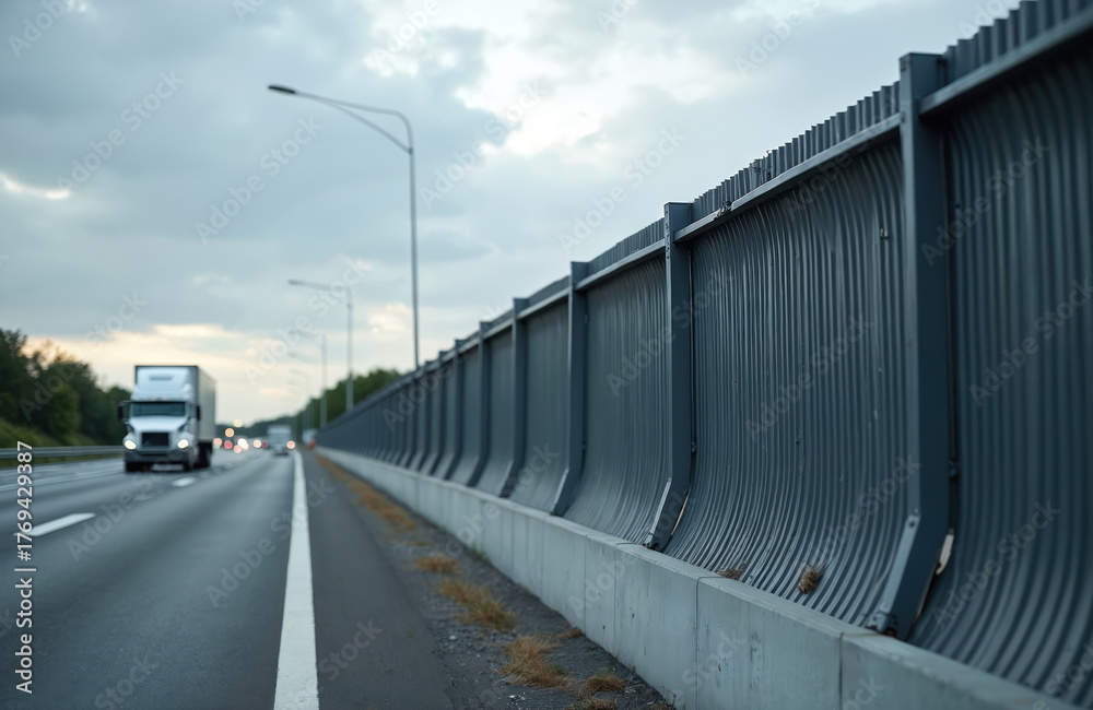 Fototapeta premium Truck drives on highway next to tall metal sound barrier wall blocking noise. Roadside structure reduces traffic sound. Cloudy sky, green trees backdrop, quiet journey.