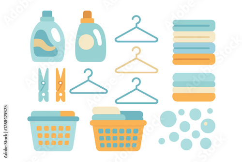 Essential household items for washing and cleaning clothes including detergent, baskets, hangers, and folded linens