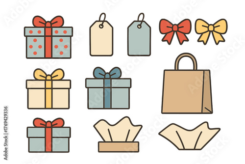 Colorful assortment of wrapped gift boxes with ribbons, bows, blank tags, and packaging elements