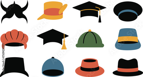 Twelve Different Illustrated Hats Including a Graduation Cap, Chef's Hat, Viking Helmet, and Fedora