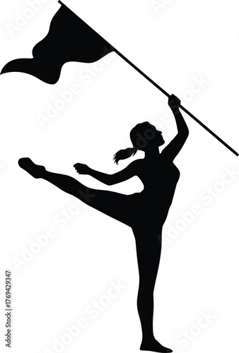 Silhouette of dancer performing high kick while holding waving flag, isolated vector icon for performance design, sports, and artistic illustration.