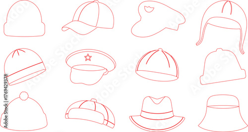 Twelve Different Red Outline Hat Designs Beanie, Baseball Cap, Military, and More. Isolated