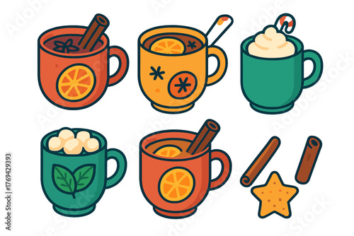 Set of cozy winter hot drinks in mugs garnished with spices and sweet toppings