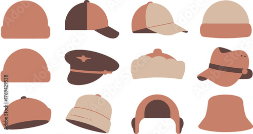 Variety of Brown and Beige Hats Beanie, Baseball Cap, Aviator, and Military Style