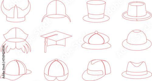 Variety of Outlined Hats in Red Viking Helmet, Graduation Cap, Baseball Caps, Top Hat, and More