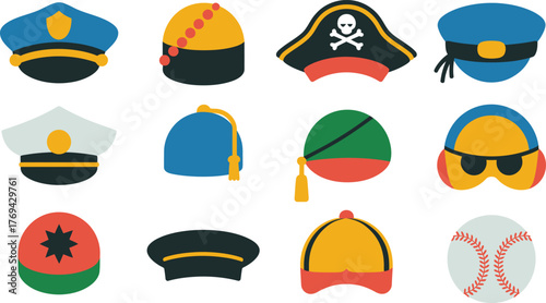 Various Hat Styles and a Baseball Police, Pirate, Graduation, Chef, and More