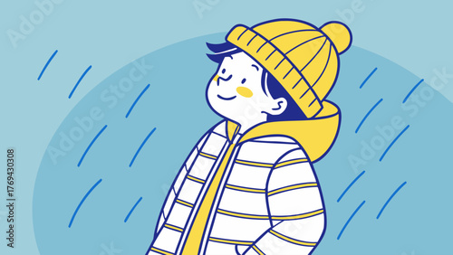 Illustration of a boy in a yellow hat and striped jacket standing in the rain looking upwards