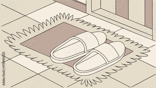 Illustration of a pair of slippers on a rug near a door on a tiled floor in a simple style