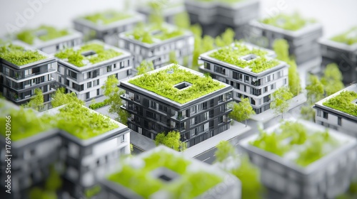Modern residential buildings with lush green roofs in sustainable urban planning concept