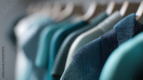 Close up view of various blue and teal shirts hanging on wooden hangers in a closet