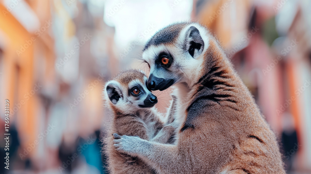 Fototapeta premium Close-up portrait of adult lemur affectionately nuzzling its baby, showcasing their tender bond and expressive features against soft, warm bokeh background