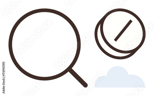 Magnifying glass, division symbol, cloud in minimalist design. Ideal for analysis, research, data exploration, abstraction, technology education digital concepts. Simple flat metaphor