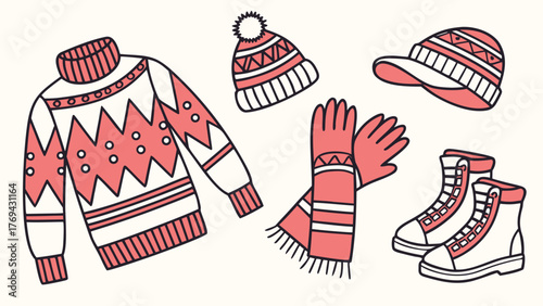 Illustration of winter clothing including a sweater hat gloves and boots in pink and white colors