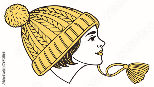 Illustration of a woman in profile wearing a yellow knitted hat with a pompom and a tassel tie