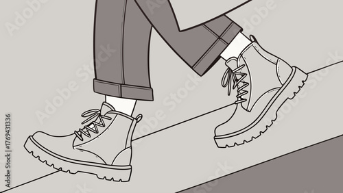 Illustration of a person walking up stairs wearing boots and cuffed pants in grayscale tones and simple lines