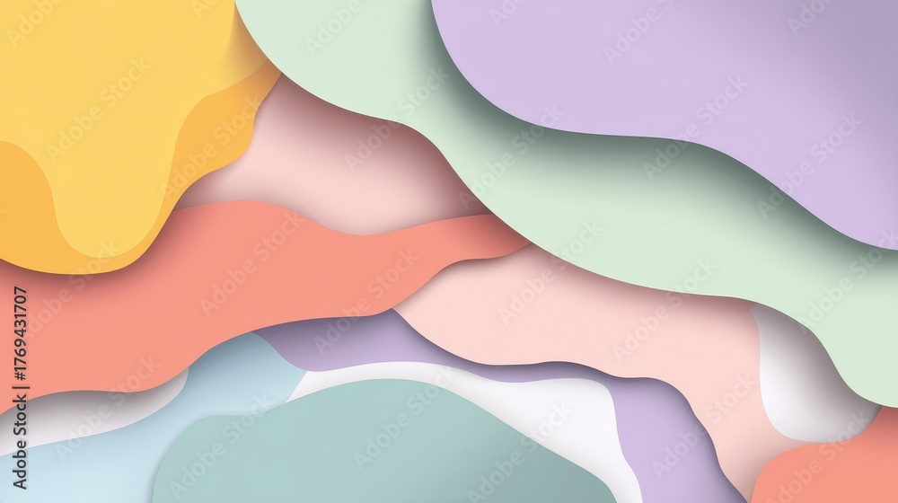 Fototapeta premium Abstract layered background with wavy organic shapes in soft pastel colors and paper cut style shadows