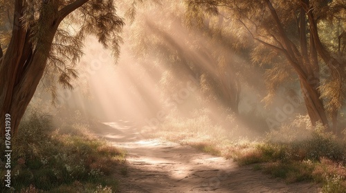Sunbeams filtering through dense foliage onto a winding dirt path in a misty forest landscape