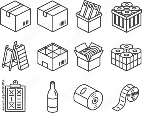 Set of outline icons representing various packaging, storage, and shipping items, including boxes, ladders, and rolls