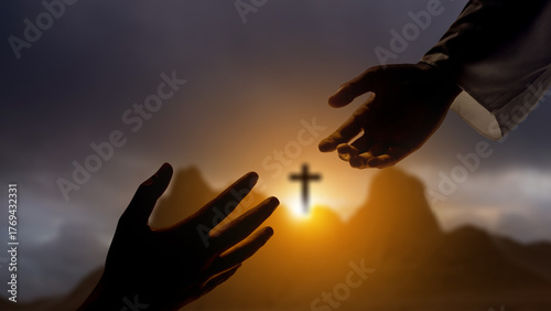 Cuadro en lienzo Jesus Christ hand offering a helping hand with Christian cross on the hill with dark dramatic sky background