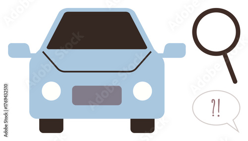 Blue car front, magnifying glass, and speech bubble with punctuation. Ideal for vehicle checks, analytics, problem-solving, inspections, search concepts transportation or safety. Simple flat