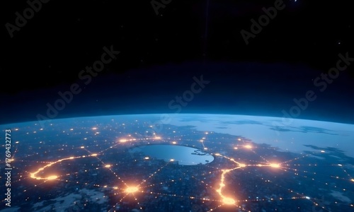 Planet earth with city lights and network connections in the foreground , dark space in the background