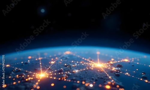 Planet earth with city lights and network connections in the foreground , dark space in the background