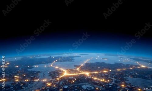 Planet earth with city lights and network connections in the foreground , dark space in the background