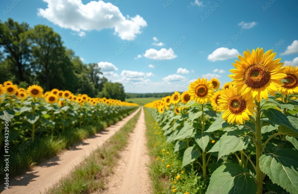 Obraz premium Dirt road leads through vast field of blooming sunflowers under bright blue sky with white clouds. Tall green stalks, large yellow flower heads create vibrant natural landscape. Trees line distant