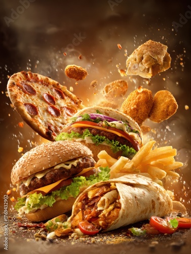 Mouthwatering fast food assortment featuring burgers pizza wrap fries and chicken nuggets creating a culinary explosion