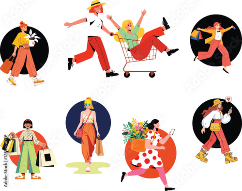 Group of diverse people enjoying shopping, carrying bags, riding a shopping cart, and celebrating consumerism with vibrant colors