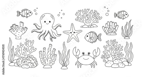 Charming underwater world sketch featuring adorable marine creatures and whimsical coral formations