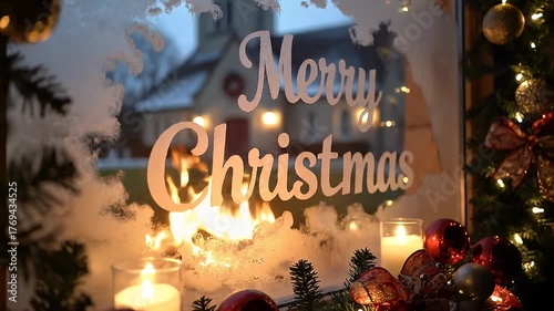 Christmas window display with decorations and candles