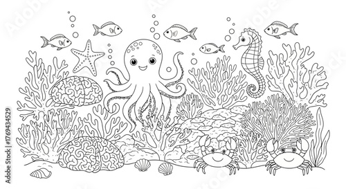 Charming undersea adventure: a delightful ocean scene with cheerful marine life and intricate corals