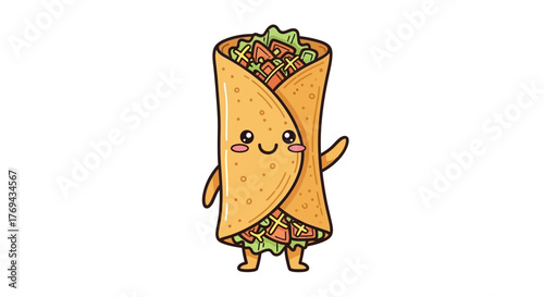 Cheerful cartoon burrito character with a friendly expression isolated on white background