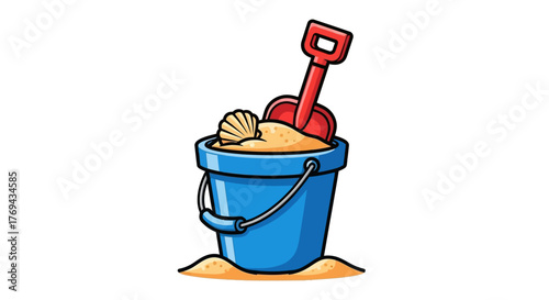 Cheerful blue bucket filled with yellow sand, seashell, and playful red shovel on sand