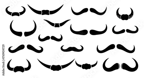 Collection of stylized horned animal graphics in black and white vector format for illustrations