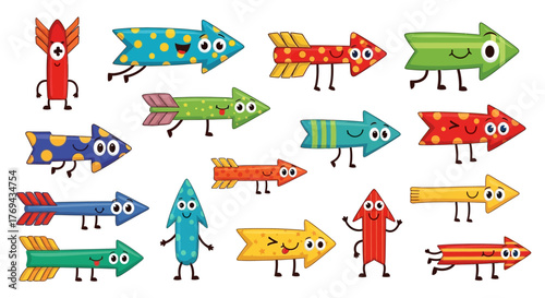 Collection of whimsical arrow characters pointing the way with cheerful expressions