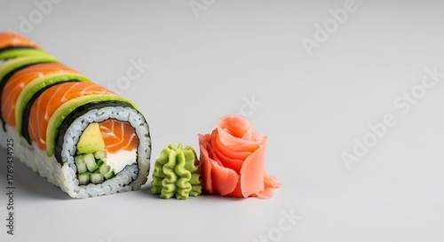 Salmon and avocado sushi roll with pickled ginger and wasabi