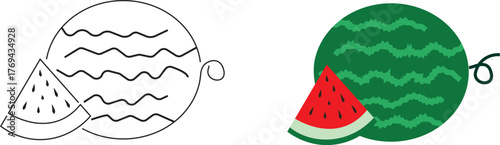 Illustration of a cartoon watermelon and triangular slices